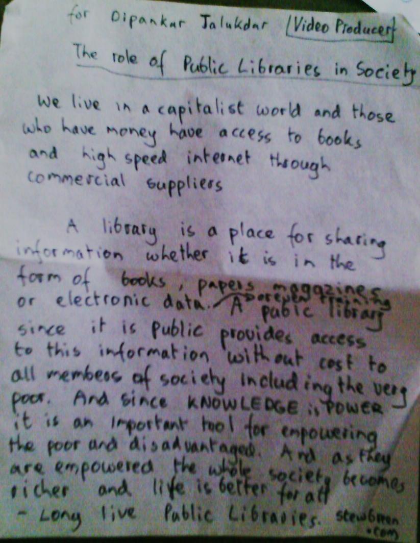 My Opinions on Public Libraires- They empower the poor by giving them free acess to knowledge